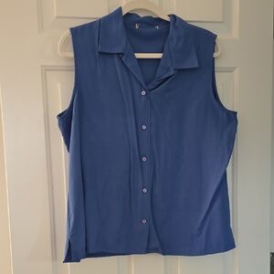 Notations: Blue Sleeveless Button-Down Shirt